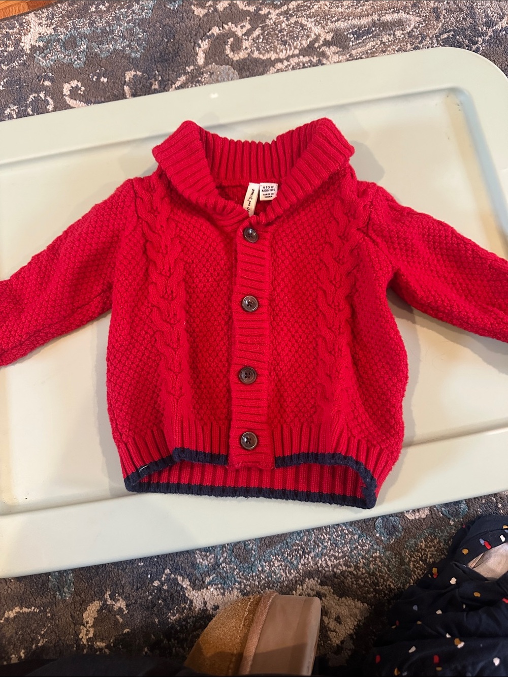 Janie and Jack Red Cable Knit Cardigan with Navy Trim